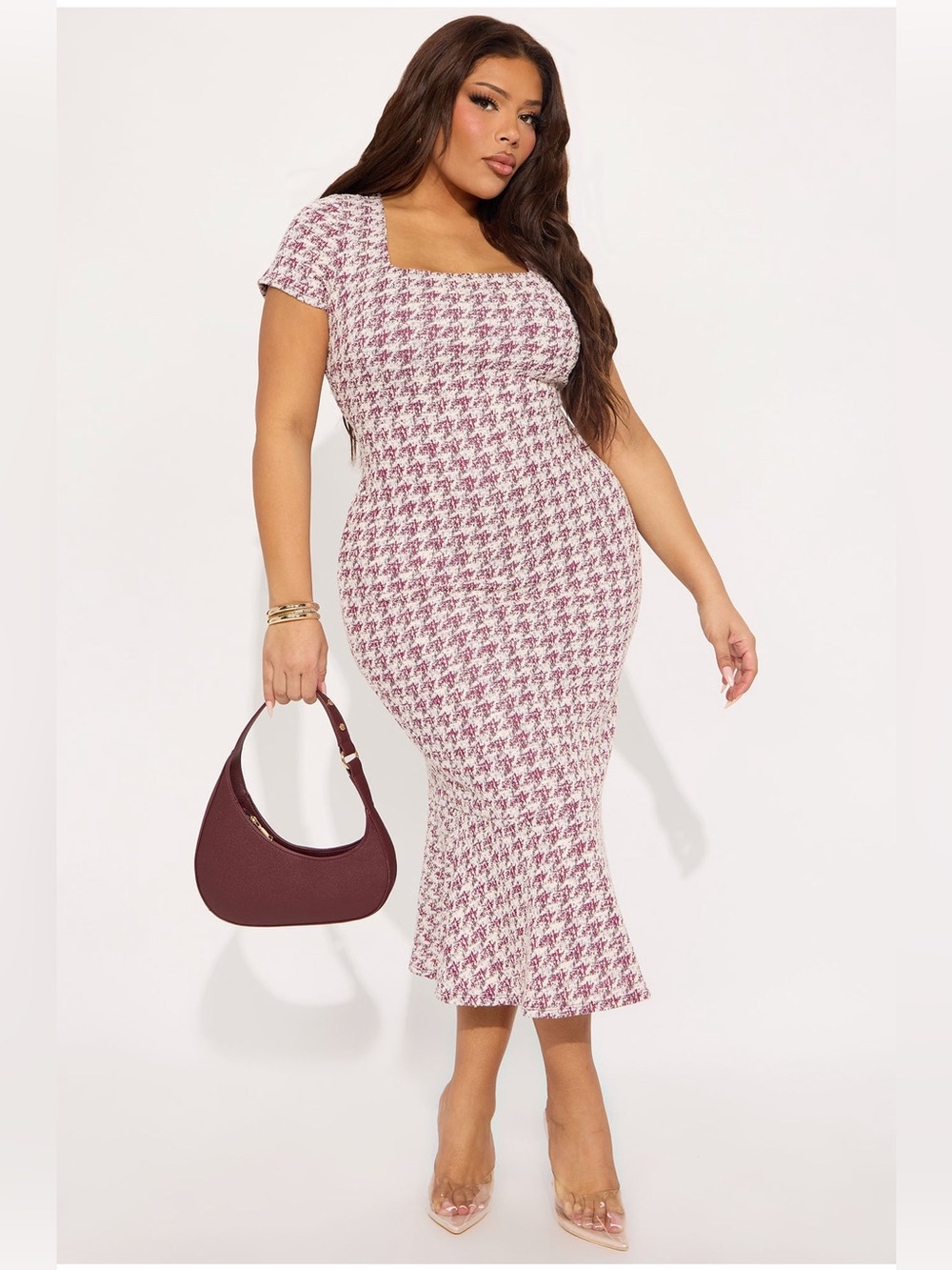 Fashion Nova Pink and White Houndstooth Square Neck Midi Dress
